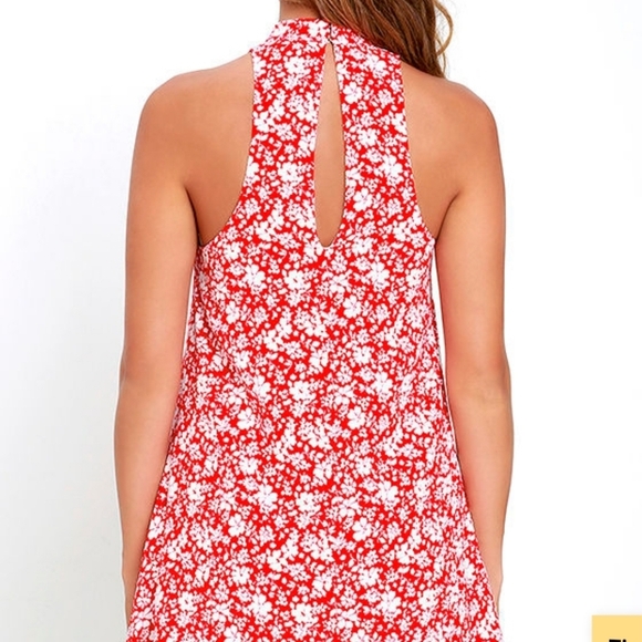 Lulu's Dress Small Red Floral Print High Neck Swing 26-249LD Back Keyhole - Picture 13 of 15